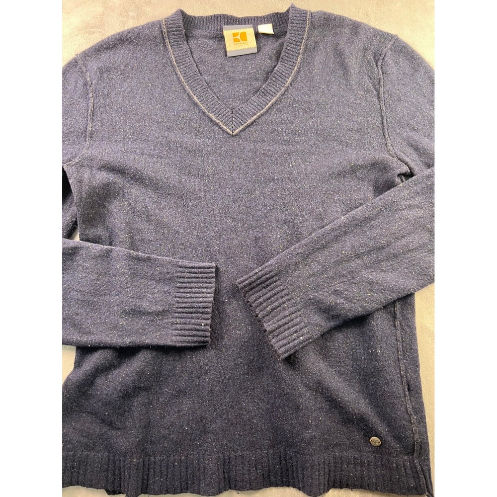 Hugo Boss Orange Mens Navy Blue Wool Silk Angora V-Neck Flecked Sweater L